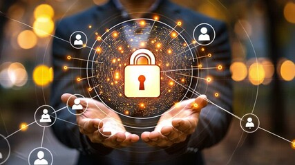 A person stands outdoors, holding out his hands to show a glowing padlock symbol surrounded by interconnected people icons, stressing the importance of digital security and privacy - Powered by Adobe