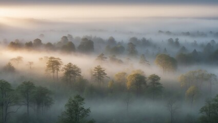 Fototapeta premium Panoramic view of misty forest in the morning with sunbeams.
