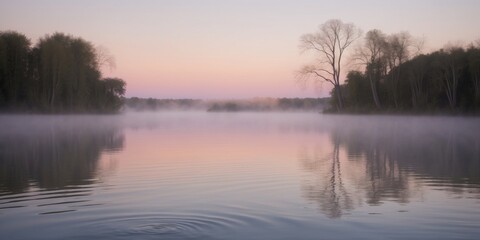 Fototapeta premium A serene lake at sunrise with mist rolling over the water.