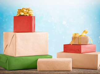 background with festive boxes, unfocused lights and a place for goods