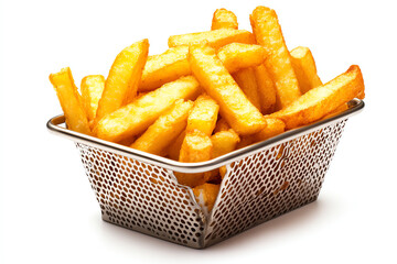 Crispy golden french fries in a metal basket, white isolate background.