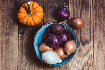 onions on wooden table