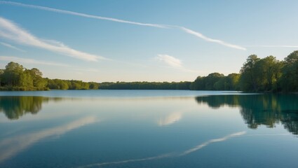 Fototapeta premium A serene lake scene with a clear blue surface and a white sky in the background.