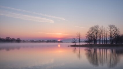 Obraz premium The image shows a beautiful sunrise over a lake.