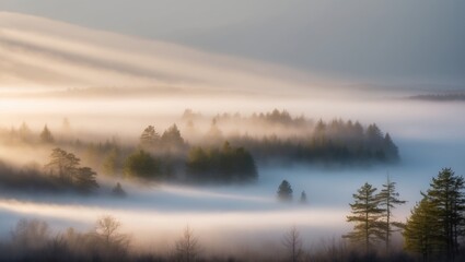 Fototapeta premium Panoramic image of a foggy forest with sunbeams.