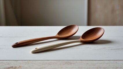 Two identical wooden spoons placed side by side on a table.