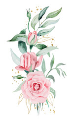 Bouquet made of pink watercolor flowers and green leaves, isolated wedding and greeting illustration