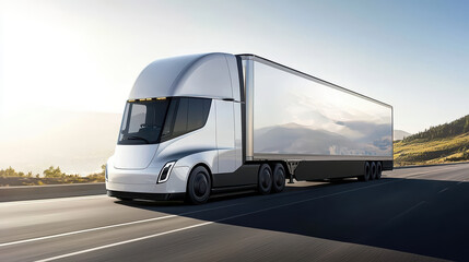 Futuristic electric truck on a highway under a clear blue sky.