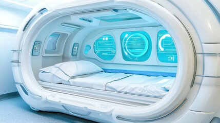 Futuristic medical chamber with a white interior and blue accents, showcasing advanced technology and clean design.