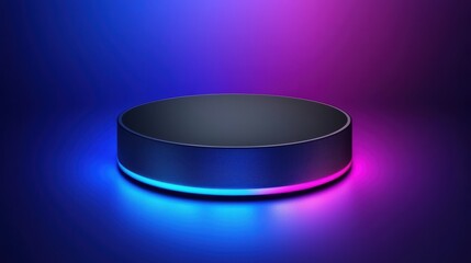 Futuristic podium with vibrant blue and pink lighting against a dark background, ideal for showcasing products.