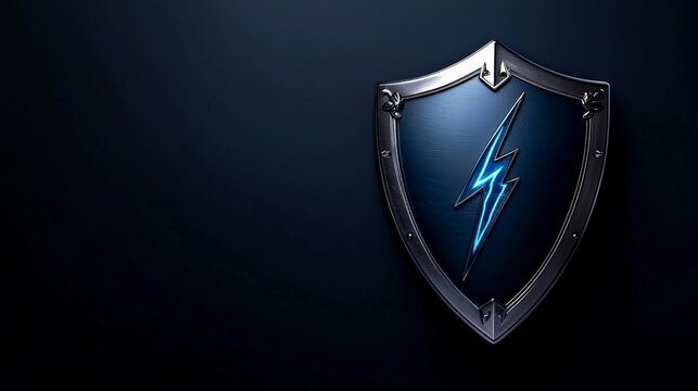 Shield of Protection: A powerful symbol of security and resilience, a gleaming silver shield with a luminous blue lightning bolt at its heart, set against a dark background. - Powered by Adobe