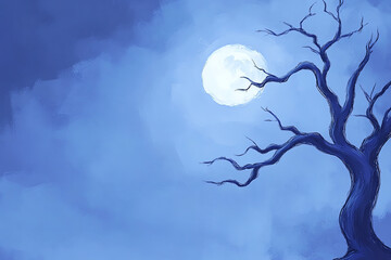 Eerie silhouette of a bare tree against a bright full moon in a blue night sky.