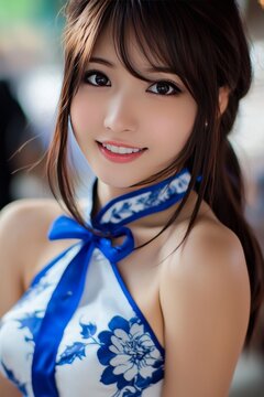 Photo of an extremely beautiful Japanese girl wearing a blue and white cheongsam, black stockings with a blue gossamer ribbon around her waist, smiling at the camera, feminine curves, cute cosplay out