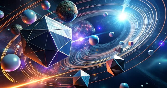 Futuristic cosmic digital artwork with geometric shapes floating in space 8k 4k full HD video download