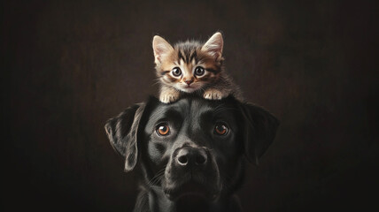 Obraz premium a cute kitten sitting on the head of a dog