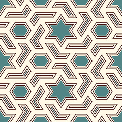 Oriental ancient mosaic seamless pattern. Arabesque ornament. Repeated geometric figures, hexagon, star motif surface print. Ornamental wallpaper. Geo design digital paper. Vector abstract background