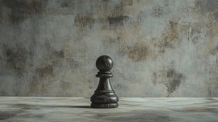 Single Black Chess Pawn Resting on Textured Gray Studio Background Under Soft Light