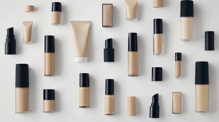 Obraz premium A collection of liquid foundation tubes and cosmetic cream on a clean, white background, arranged neatly for beauty product advertising. No logos or people included.