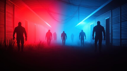 Fototapeta premium Silhouettes of figures walking through a misty environment illuminated by red and blue lights.