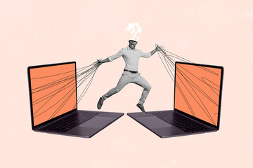Composite trend artwork sketch image photo collage of business office two laptop display young man fly hand hold rope control manipulation