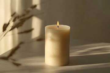 A candle is lit on a table with a bunch of dried grass