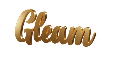Luxury 3D gold text "Gleam" on transparent background. Three dimensional Realistic script letters for logotype, symbol, signage, message etc.