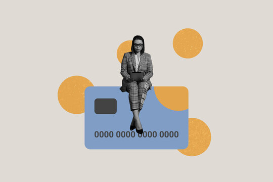 Trend artwork 3D sketch image photo collage of workspace interface money dollar usd earning save young lady sit credit card type tablet