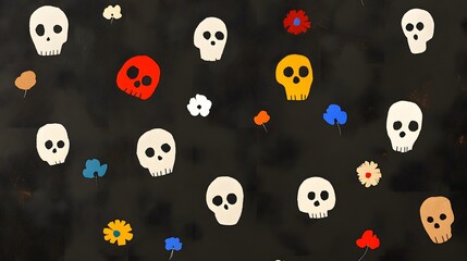 Colorful skulls and flowers on a dark background, creating a whimsical pattern.