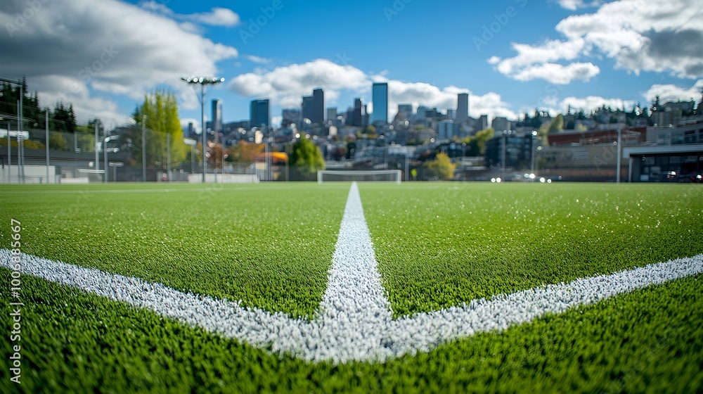 Wall mural soccer field with artificial turf and crisp white lines, urban buildings in background