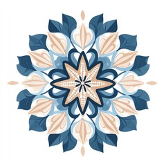 A colorful mandala design featuring floral patterns and geometric shapes in blue, cream, and brown tones.