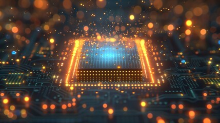 Quantum Cpu processing data with light particles flowing on circuit board; concept of artificial intelligence and machine learning. Poster and wallpaper on scifi motherboard and microchip