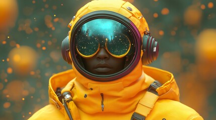 Astronaut is wearing a yellow space suit and a helmet reflecting a distant galaxy. Poster and wallpaper on astronomical explorations with african spacewoman with equipment