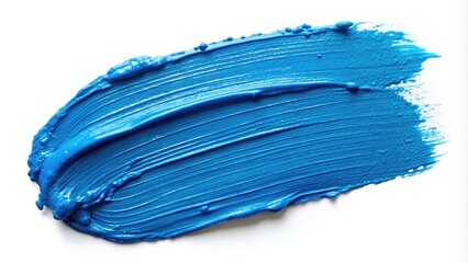 Abstract blue paint swatch, smooth brushstroke texture with a matte finish, smeared across a clean white background