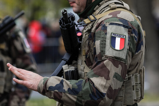 French soldier in uniform during the Romanian National Day military parade