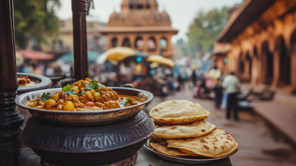 An elegant street-side dining setup showcasing chole and puri, with a backdrop of traditional Indian architecture and bustling market life