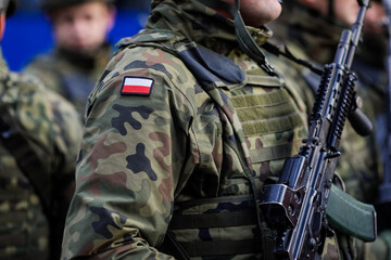 Details of a Polish soldier in uniform during the Romanian National Day military parade.