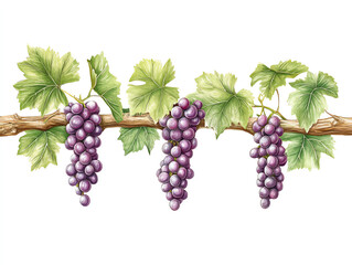 Obraz premium Grapes cluster with green leaves on a white isolated background.