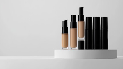 Obraz premium Liquid foundation and cream tubes in a neat arrangement, placed on a smooth white surface, perfect for advertising beauty products. No logos or people.