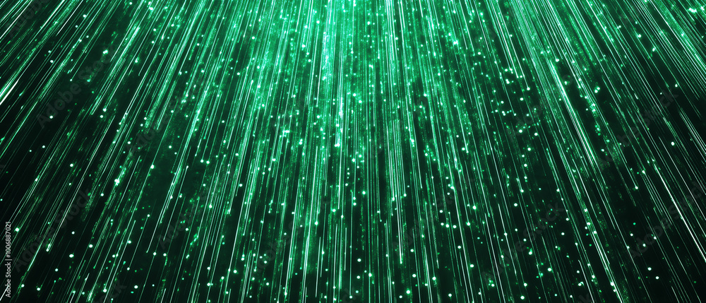 Poster green glowing particles in a dynamic flowing motion on a dark background.
