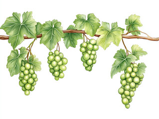 Green grapes and leaves on a vine, white isolate background