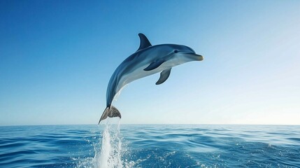 bottlenose  dolphin jumping out of water against blue sky  and calm sea water © AiDesign