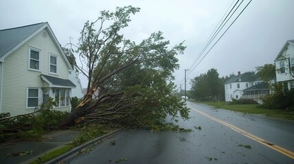 Naklejka premium Severe storm uprooting trees and snapping power lines in a residential neighborhood storm damage, residential impact