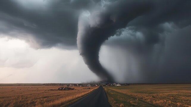 Tornado ripping through a small Midwestern town, tearing apart homes and businesses   tornado destruction, Midwest disaster