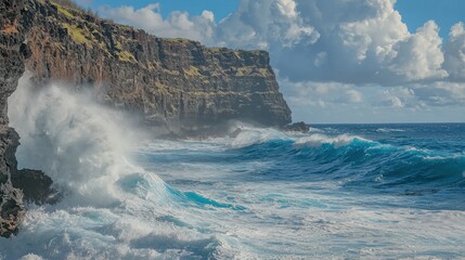 Rough ocean waves hitting rocky shore