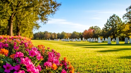 Obraz premium Military cemetery with colorful flowers blooming at gravestone, honoring remembrance