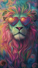 Fototapeta premium Colorful lion portrait with heart-shaped sunglasses, digital art. Artistic and creative expression concept