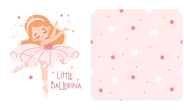 A set of vector prints for printing on children's products. Cute little girl ballerina dancing, little ballerina lettering, seamless vector pattern with stars on pink background . Vector illustration