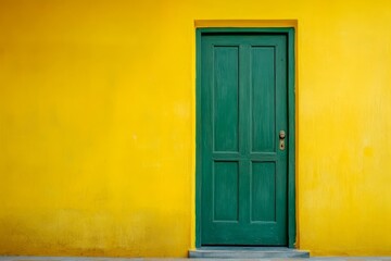 Green door closed entrance in yellow background room.