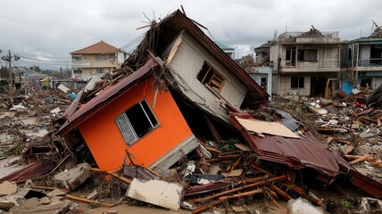 Typhoon winds ripping off roofs and collapsing buildings in a densely populated city   typhoon destruction, urban devastation