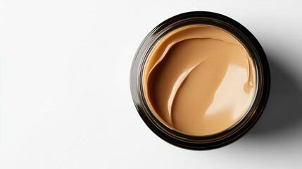 Top view of foundation cream in an open jar, focus on glossy texture. No logos or branding. Clean, white minimalist background.
